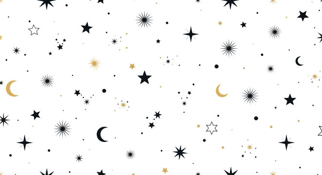 Seamless pattern with hand drawn stars and moons, celestial background, magical night sky print