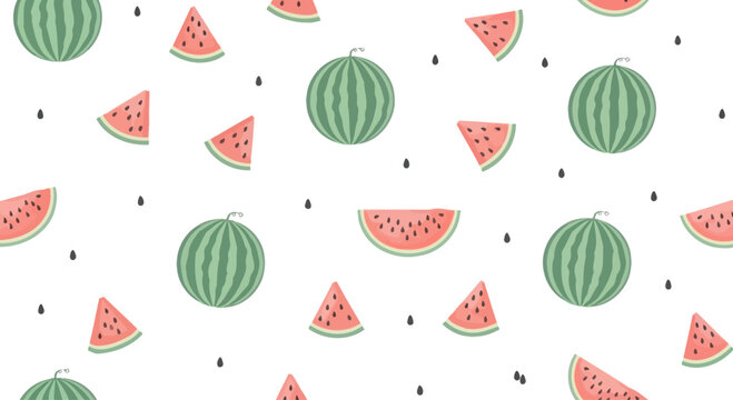 Seamless Pattern of Fresh Watermelon Slices and Whole Fruits on White Background
