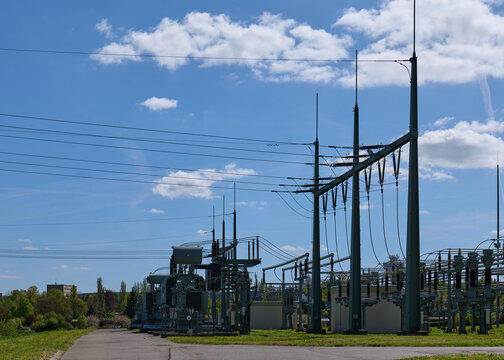 Energy Industry: High and medium voltage substation on a sunny spring afternoon