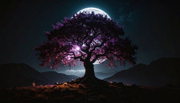 Serene Tree Under a Luminous Full Moon A Mystical Night Landscape