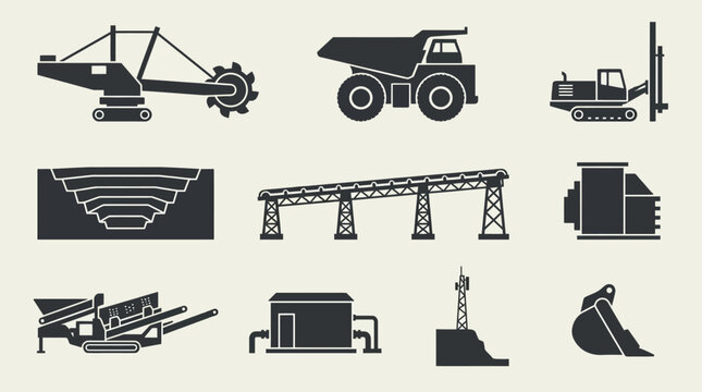 Flat silhouette icons of open-pit mining equipment and structures