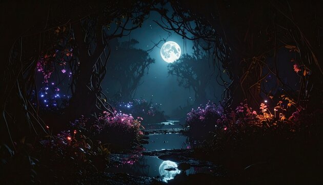 Enchanted Moonlit Forest A mystical night scene with glowing fantasy flora reflecting in tranquil waters under a radiant full moon, creating a magical wonderland
