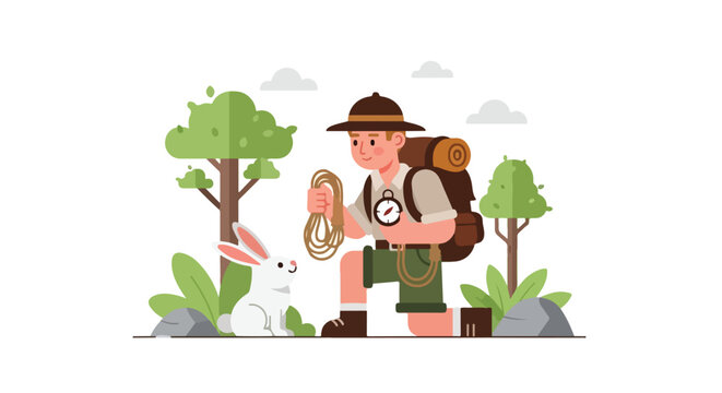 A scout explorer in gear kneels beside a white rabbit in a lush forest, holding a rope and a compass for his outdoor journey.
