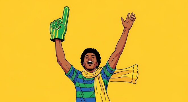 Enthusiastic fan cheering, wearing a foam hand with one finger extended, and cheering happily. This image is on a yellow background