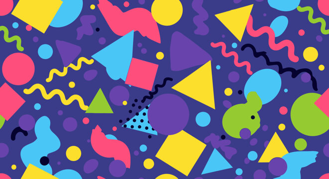 90s Memphis Style Seamless Pattern with Colorful Geometric Shapes