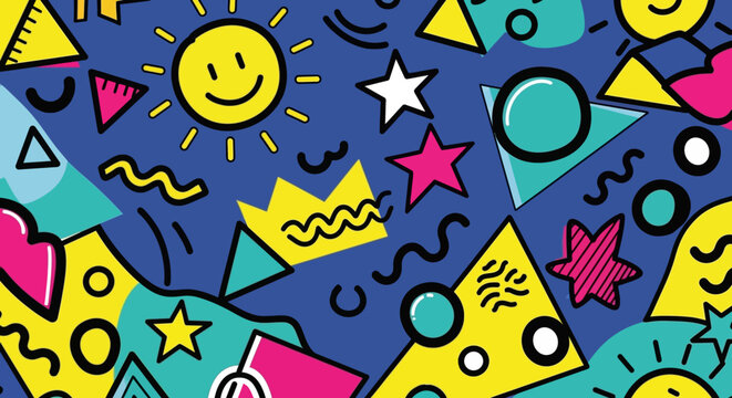 90s Retro Memphis Style Pattern with Geometric Shapes and Sun Icons