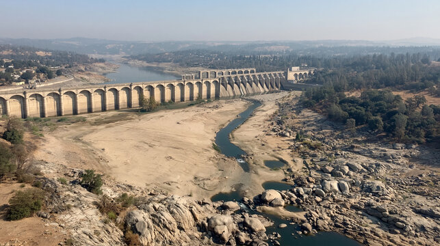 Aerial view, dam, river, drought landscape, dry reservoir scene