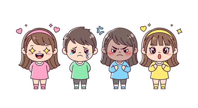 Four cartoon children with different emotions.