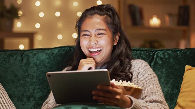 Young woman watching movie on tablet laughing with popcorn