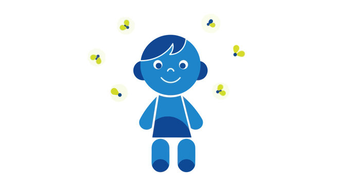 Joyful child surrounded by glowing fireflies on white background, illustration