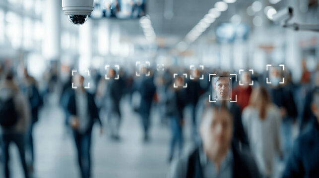 Surveillance camera motion detection system recognize face in busy airport terminal crowd