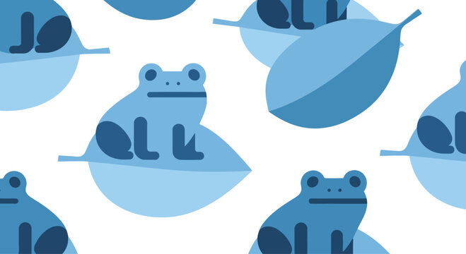 Cute Blue Frog Pattern on Leaves, Flat Design, Minimalist, Vector Illustration