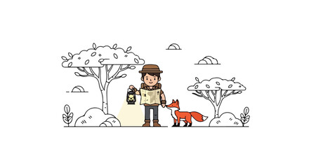 An adventurous explorer stands with a map and a glowing lantern next to a red fox in a minimalist outdoor landscape featuring trees and hills. © Syifa