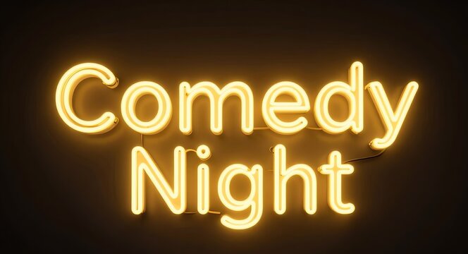 Neon comedy night sign glowing in warm yellow under a soft spotlight on a dark vignette background, minimal layout with bold nightlife appeal.