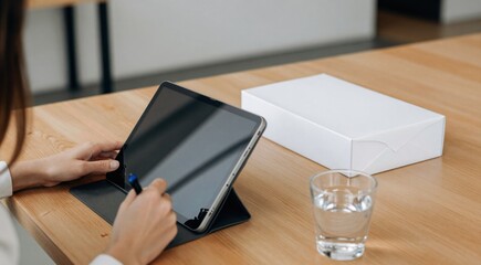 Naklejka premium Close up of hands using a stylus on a digital tablet. Person working on a creative project at a wooden desk with a white box and glass of water. Design and technology concept
