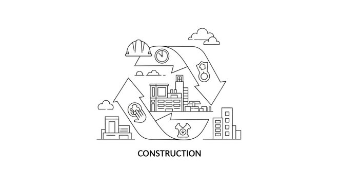 Sustainable Construction Lifecycle Concept Illustration with Urban Buildings and Green Development Icons