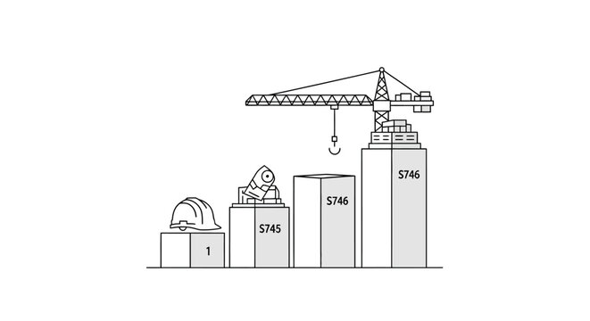 Construction Progress Concept Illustration with Crane, Hard Hat, and Industrial Machinery on Rising Bar Chart for Business Growth and Project Development