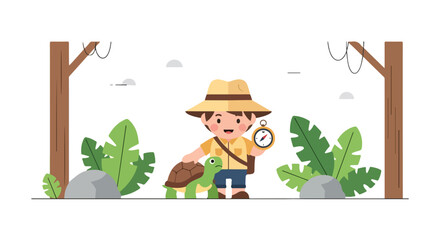A cute young explorer holding a compass stands beside a friendly turtle in a minimalist jungle setting filled with lush green foliage and trees. © Syifa