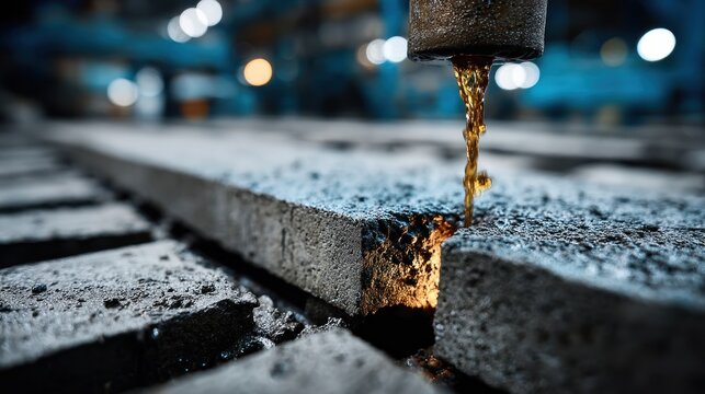 A stream cuts through a concrete slab in a large industrial setting