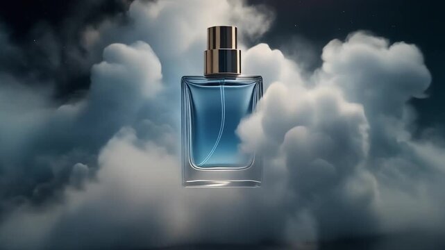 Elegant blue perfume bottle nestled amidst ethereal clouds, exuding luxury and sophistication