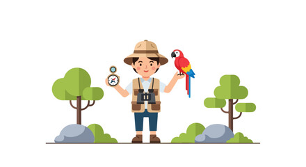 A young explorer stands in a forest holding a compass and a colorful parrot, ready for an exciting jungle adventure in this vector illustration. © Syifa