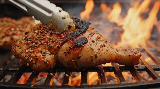 Grill roast of chicken leg on open flame with spices and herbs in backyard setting