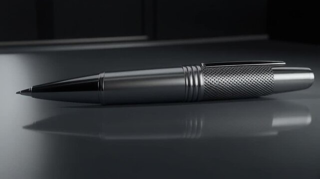 Sleek and elegant silver ballpoint pen resting on a dark reflective surface, highlighting its metallic texture and sophisticated design for professional writing and office tasks