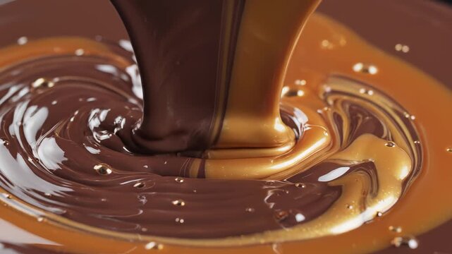 Chocolate and caramel pouring together highlighting geometric patterns and contemporary art