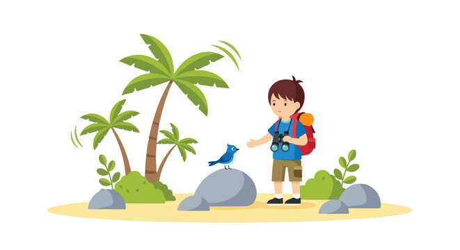 A young boy hiker with binoculars and a backpack observes a small blue bird perched on a rock amidst tropical palm trees and bushes.