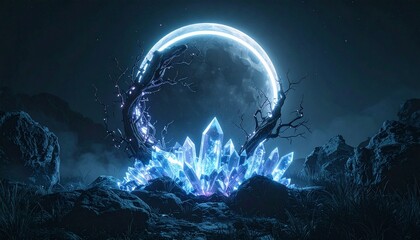 Fototapeta premium Mystical Crystal Formation Under a Cosmic Moon A Realm of Enchantment and Wonder