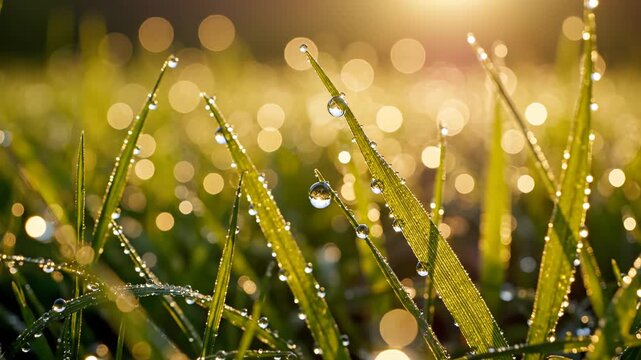 Morning dew on grass blades symbolizing tranquility, harmony, and natural balance