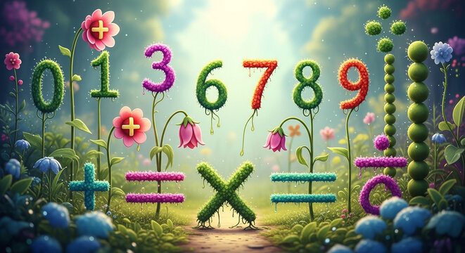 creative concept of numbers and math symbols growing like plants in a colorful garden, representing addition, subtraction, multiplication, and division