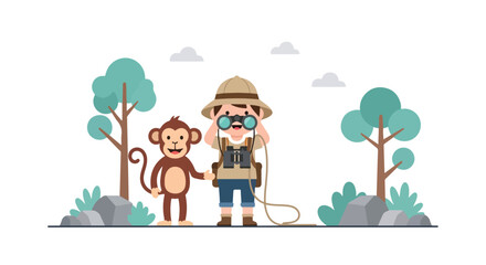 A young explorer boy uses binoculars while standing next to a friendly monkey friend in a minimalist forest landscape with stylized trees. © Syifa