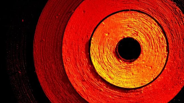 Abstract close-up of a textured orange and red circular pattern against a stark black background evoking feelings of warmth energy and industrial design elements