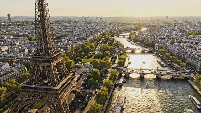 Aerial view of Eiffel Tower in Paris France during May with Seine River and city landscape