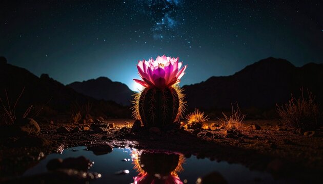 A solitary desert cactus with a vibrant pink bloom casts an ethereal glow, beautifully reflected in a puddle under a star-filled night sky