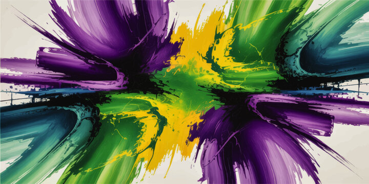 Vibrant abstract paint burst with purple green blue and yellow brush strokes, dynamic radial splash background art