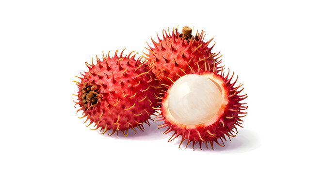 rambutan fruit illustration, tropical hairy fruit, fresh red rambutan, juicy sweet fruit, translucent white flesh, exotic fruit design, organic tropical produce, white background rambutan, healthy fru