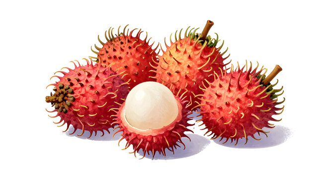 rambutan fruit illustration, tropical hairy fruit, fresh red rambutan, juicy sweet fruit, translucent white flesh, exotic fruit design, organic tropical produce, white background rambutan, healthy fru