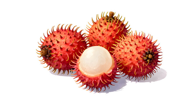 rambutan fruit illustration, tropical hairy fruit, fresh red rambutan, juicy sweet fruit, translucent white flesh, exotic fruit design, organic tropical produce, white background rambutan, healthy fru