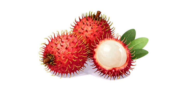 rambutan, fruit, tropical, red, hairy, fresh, sweet, juicy, exotic, food, organic, healthy, seed, natural, isolated, white, simple
