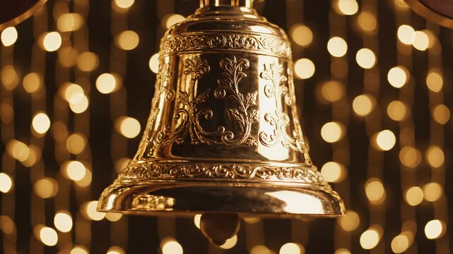 Golden ornate bell with bokeh lights ideal for sleek commercial backgrounds and title sequences