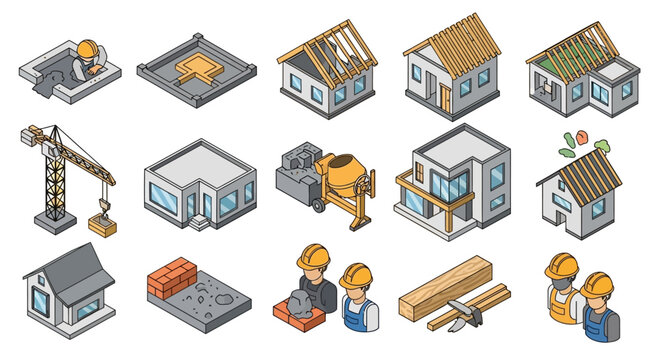 Isometric House Construction Stages and Site Equipment Icon Set featuring workers, building frames, foundation, roof installation, crane, and heavy machinery.