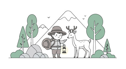 A young explorer with a lantern and backpack stands in a forest, gently interacting with a deer against a backdrop of mountains and trees. © Syifa