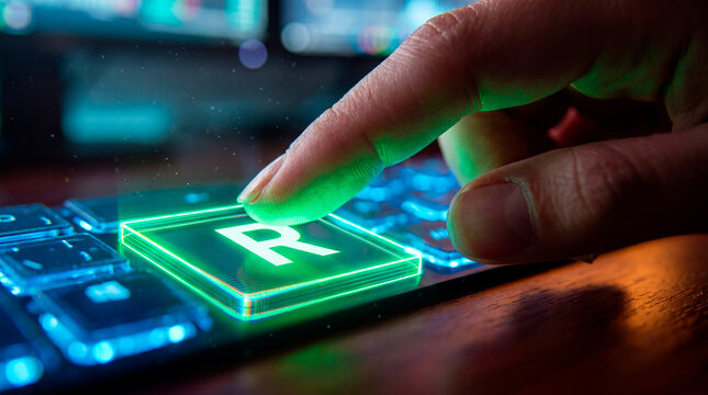 Determined finger activates green holographic key on secure digital keyboard