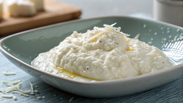 Photorealistic macro food shot stracciatella cheese fine strands creamy base glossy highlights minimal refined composition