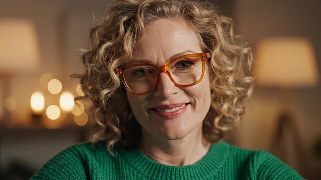 woman with curly hair wearing glasses emphasizing modern aesthetics and minimalist design