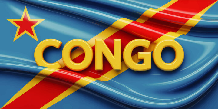 Democratic Republic of the Congo Flag with Bold Congo Text, Waving Blue Red Yellow National Background Illustration