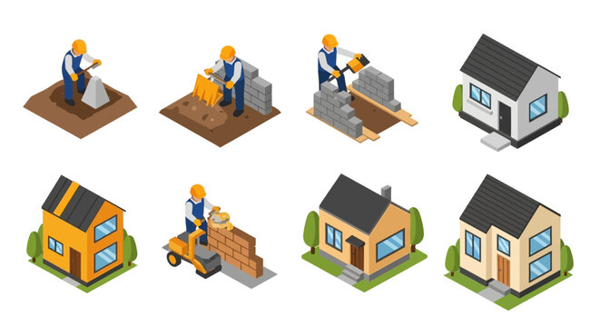 Isometric House Construction Process Set with Builders and Residential Buildings