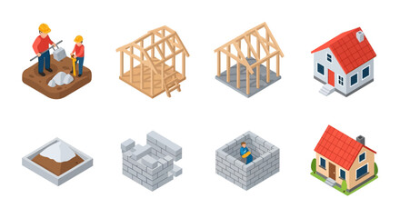 Fototapeta premium Isometric House Construction Icon Set - Building Process Stages including Foundation, Framing, Masonry, and Finished Residential Real Estate Homes